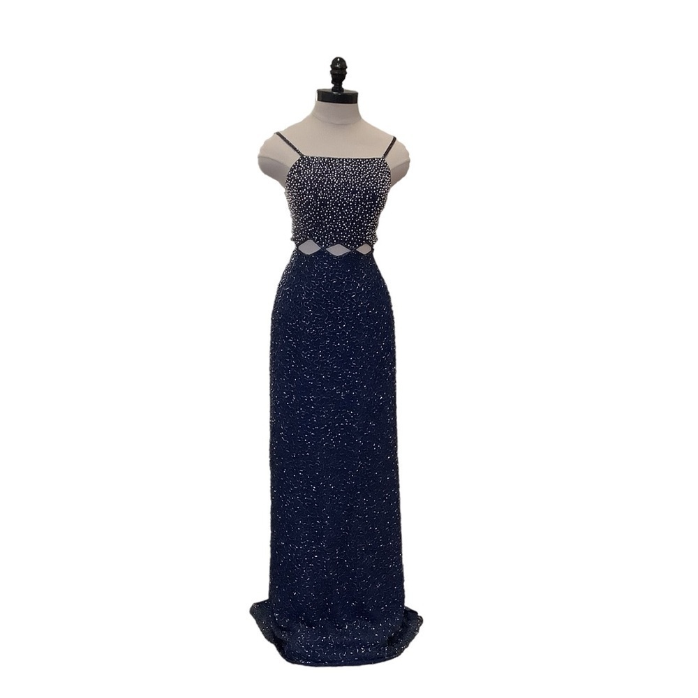 ANDRETTA DONATELLO Fully Beaded Midnight Blue Formal Maxi Silk Dress - Size XS